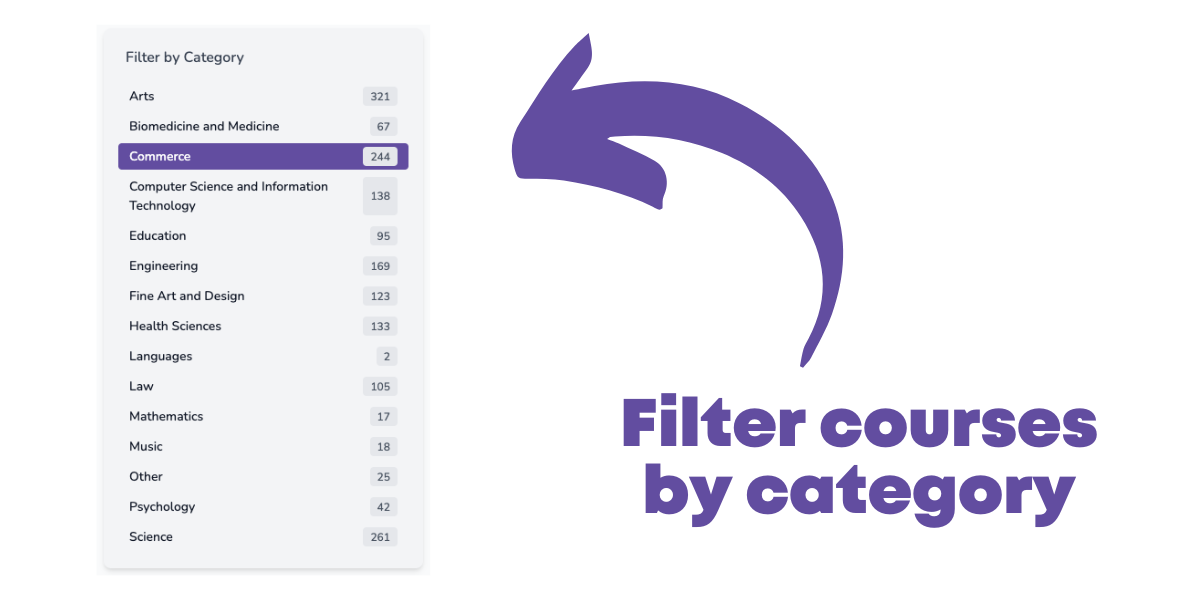 Uni Notes Course Search - filter by category.