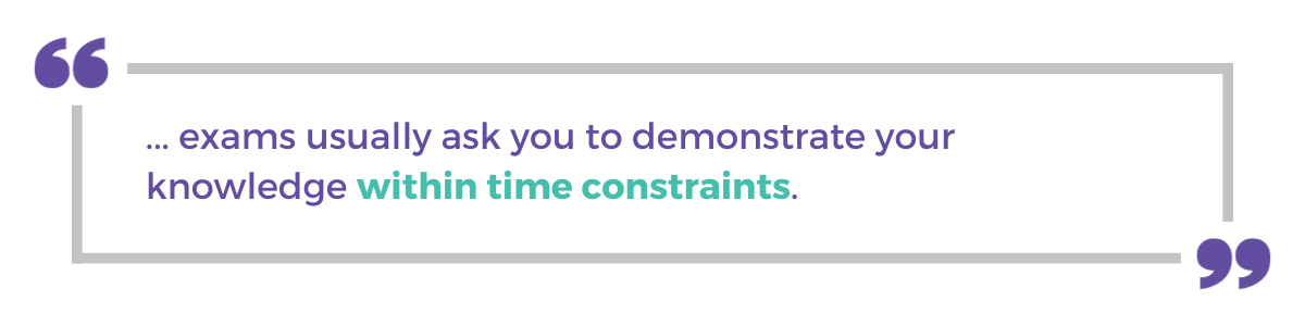 "... exams usually ask you to demonstrate your knowledge within time constraints."